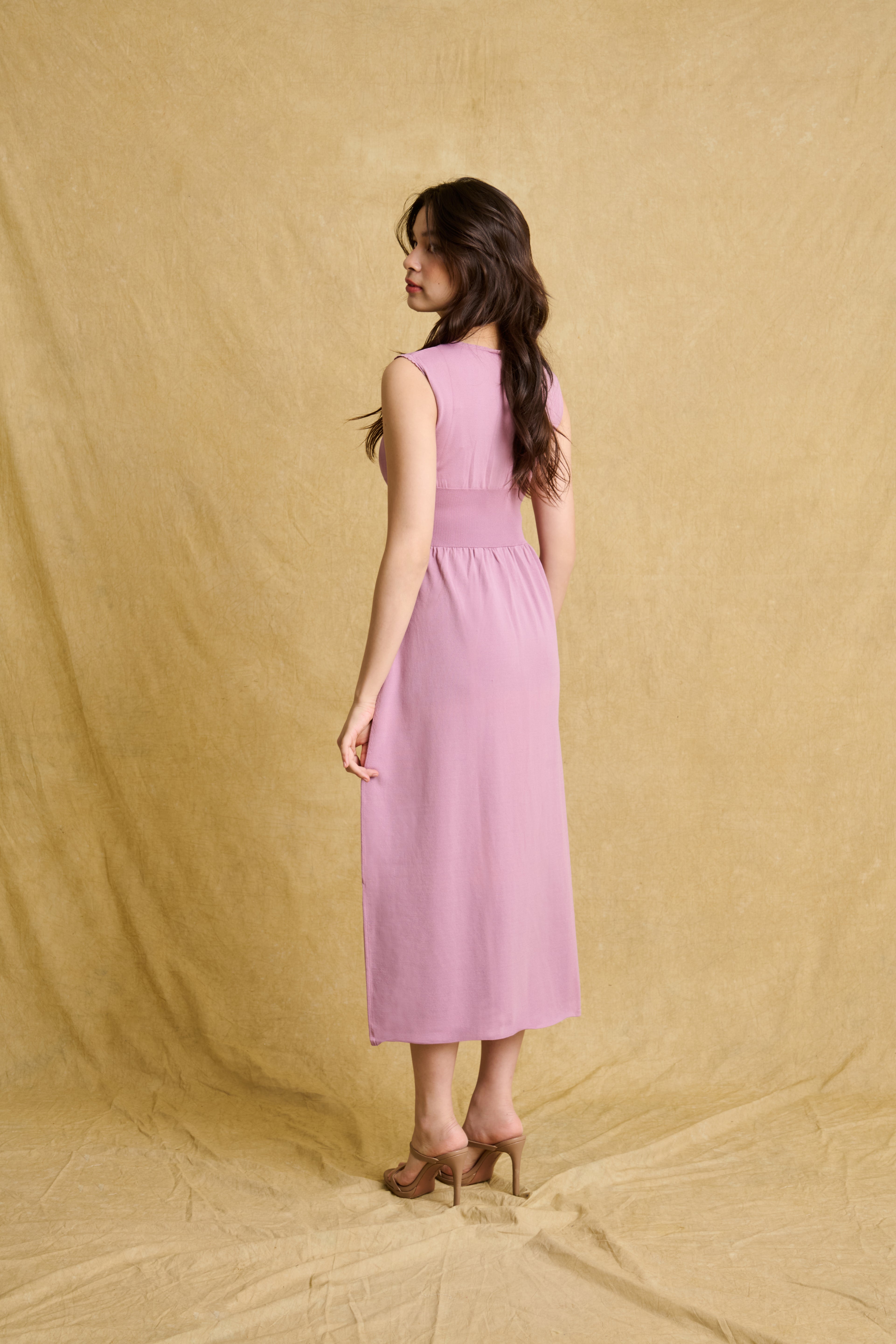 hello ronron | Dorothy Dress Mauve | Square Neck Tie-Detail Cinch-waist Maxi Jersey Knit Dress