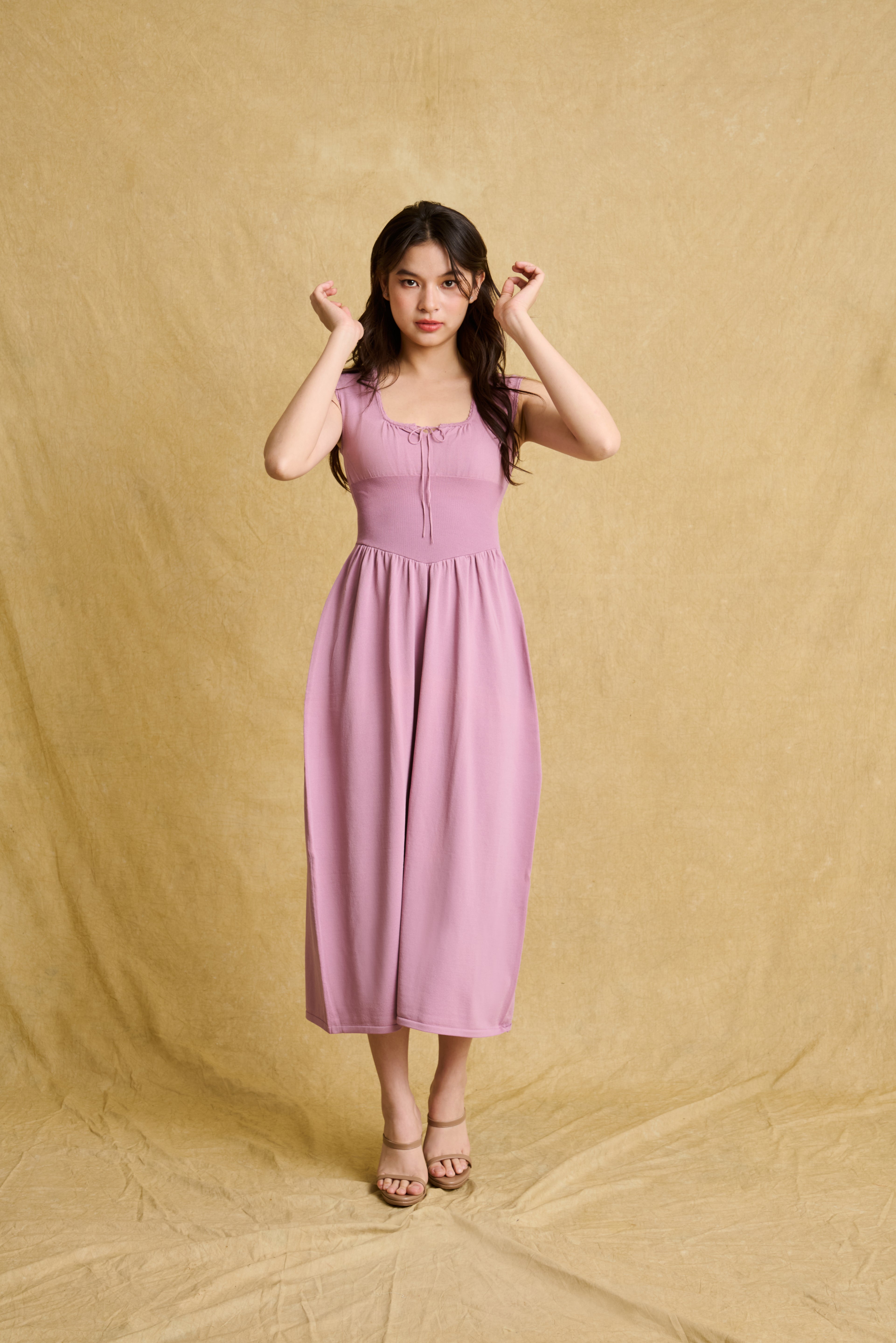 hello ronron | Dorothy Dress Mauve | Square Neck Tie-Detail Cinch-waist Maxi Jersey Knit Dress