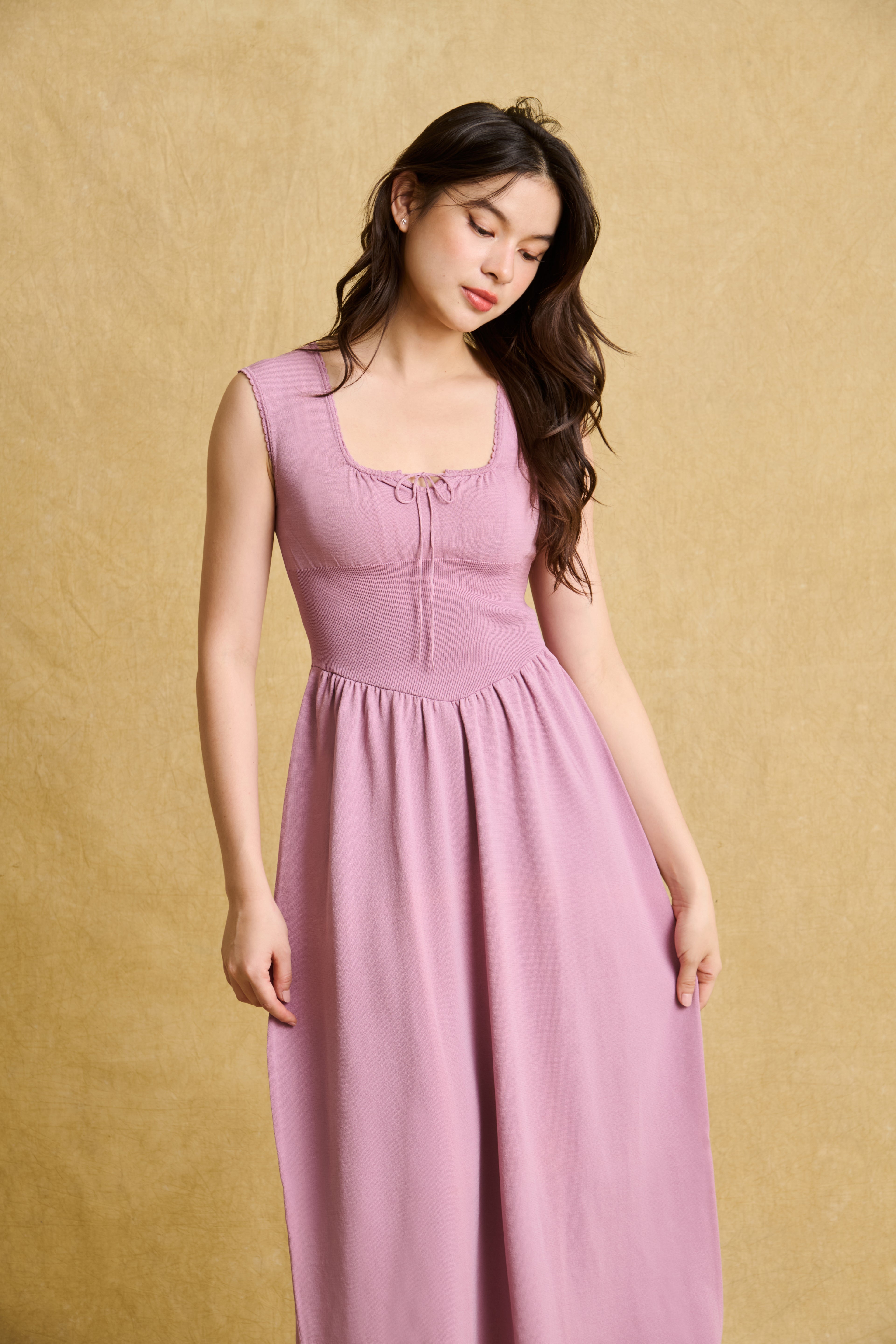 hello ronron | Dorothy Dress Mauve | Square Neck Tie-Detail Cinch-waist Maxi Jersey Knit Dress