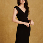 hello ronron Gabrielle Dress Black | V-neck frill sleeve bustier pointelle black knit maxi mermaid dress