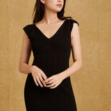 hello ronron Gabrielle Dress Black | V-neck frill sleeve bustier pointelle black knit maxi mermaid dress