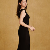 hello ronron Gabrielle Dress Black | V-neck frill sleeve bustier pointelle black knit maxi mermaid dress