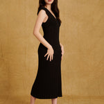 hello ronron Gabrielle Dress Black | V-neck frill sleeve bustier pointelle black knit maxi mermaid dress