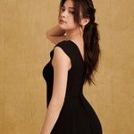 hello ronron Gabrielle Dress Black | V-neck frill sleeve bustier pointelle black knit maxi mermaid dress