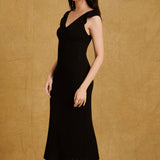 hello ronron Gabrielle Dress Black | V-neck frill sleeve bustier pointelle black knit maxi mermaid dress