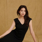 hello ronron Gabrielle Dress Black | V-neck frill sleeve bustier pointelle black knit maxi mermaid dress
