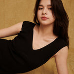 hello ronron Gabrielle Dress Black | V-neck frill sleeve bustier pointelle black knit maxi mermaid dress