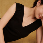 hello ronron Gabrielle Dress Black | V-neck frill sleeve bustier pointelle black knit maxi mermaid dress