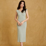 hello ronron Gabrielle Dress Mint | V-neck frill sleeve bustier pointelle mint green knit maxi mermaid dress