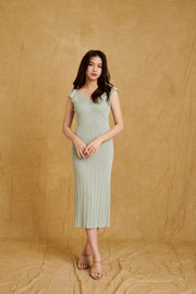 hello ronron Gabrielle Dress Mint | V-neck frill sleeve bustier pointelle mint green knit maxi mermaid dress