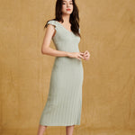 hello ronron Gabrielle Dress Mint | V-neck frill sleeve bustier pointelle mint green knit maxi mermaid dress