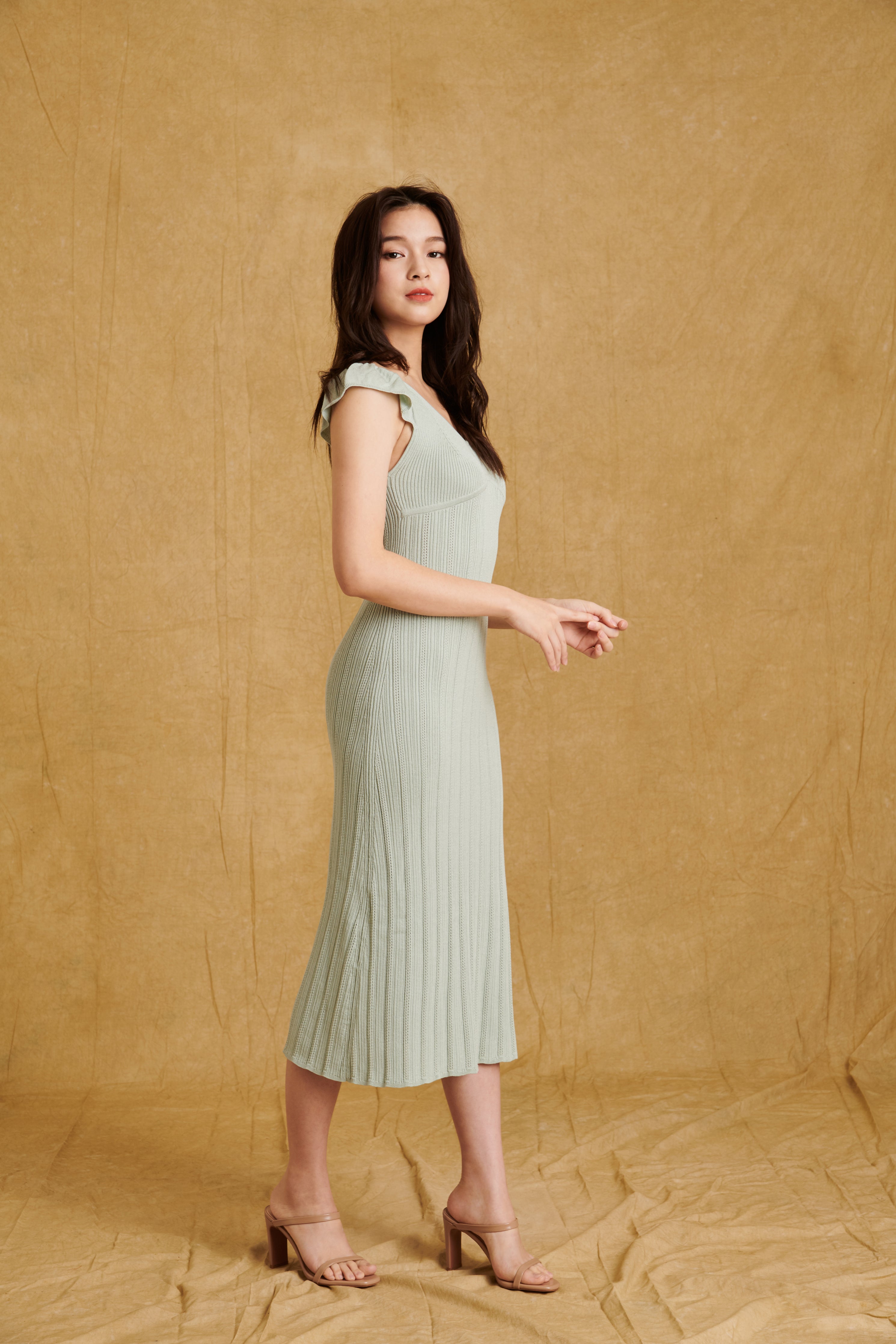 hello ronron Gabrielle Dress Mint | V-neck frill sleeve bustier pointelle mint green knit maxi mermaid dress