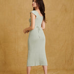 hello ronron Gabrielle Dress Mint | V-neck frill sleeve bustier pointelle mint green knit maxi mermaid dress