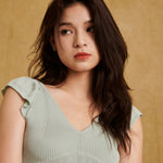 hello ronron Gabrielle Dress Mint | V-neck frill sleeve bustier pointelle mint green knit maxi mermaid dress