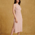 hello ronron Monica Dress Powder Pink | Boat neck lace-up pointelle knit maxi dress