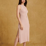 hello ronron Monica Dress Powder Pink | Boat neck lace-up pointelle knit maxi dress