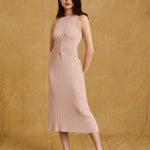 hello ronron Monica Dress Powder Pink | Boat neck lace-up pointelle knit maxi dress