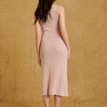 hello ronron Monica Dress Powder Pink | Boat neck lace-up pointelle knit maxi dress