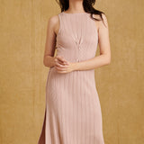 hello ronron Monica Dress Powder Pink | Boat neck lace-up pointelle knit maxi dress