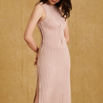 hello ronron Monica Dress Powder Pink | Boat neck lace-up pointelle knit maxi dress
