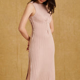 hello ronron Monica Dress Powder Pink | Boat neck lace-up pointelle knit maxi dress