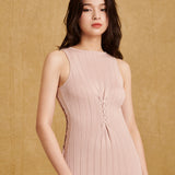 hello ronron Monica Dress Powder Pink | Boat neck lace-up pointelle knit maxi dress