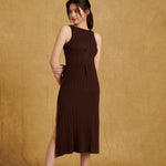 hello ronron Monica Dress Cocoa | Boat neck lace-up pointelle knit maxi dress