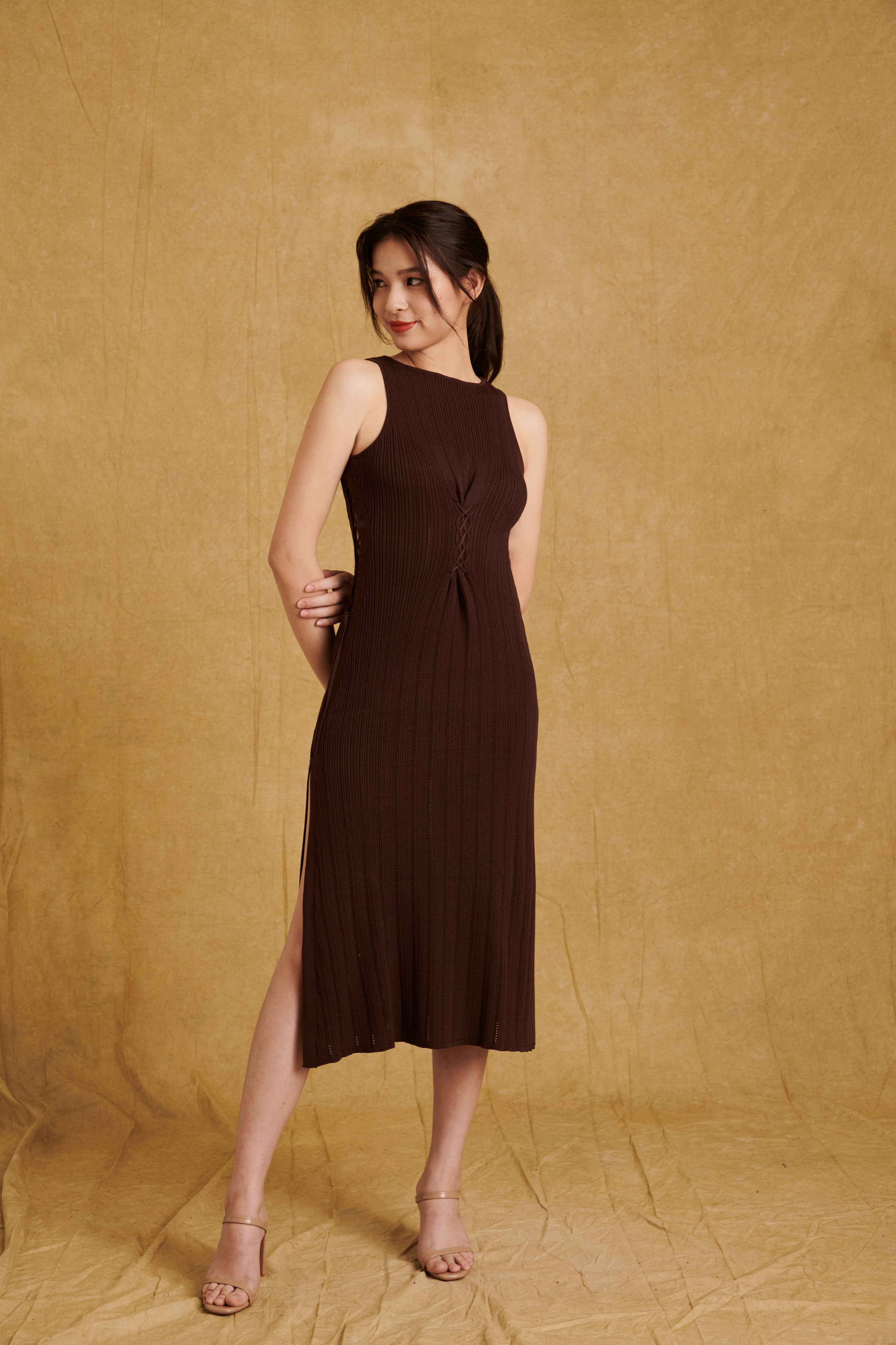 hello ronron Monica Dress Cocoa | Boat neck lace-up pointelle knit maxi dress