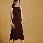 hello ronron Monica Dress Cocoa | Boat neck lace-up pointelle knit maxi dress