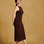 hello ronron Monica Dress Cocoa | Boat neck lace-up pointelle knit maxi dress