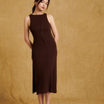 hello ronron Monica Dress Cocoa | Boat neck lace-up pointelle knit maxi dress