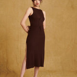 hello ronron Monica Dress Cocoa | Boat neck lace-up pointelle knit maxi dress