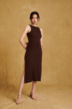 hello ronron Monica Dress Cocoa | Boat neck lace-up pointelle knit maxi dress