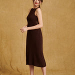 hello ronron Monica Dress Cocoa | Boat neck lace-up pointelle knit maxi dress