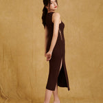 hello ronron Monica Dress Cocoa | Boat neck lace-up pointelle knit maxi dress