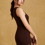 hello ronron Monica Dress Cocoa | Boat neck lace-up pointelle knit maxi dress