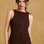 hello ronron Monica Dress Cocoa | Boat neck lace-up pointelle knit maxi dress