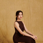 hello ronron Monica Dress Cocoa | Boat neck lace-up pointelle knit maxi dress