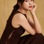 hello ronron Monica Dress Cocoa | Boat neck lace-up pointelle knit maxi dress