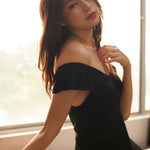hello ronron Gabrielle Dress Black | V-neck frill sleeve bustier pointelle black knit maxi mermaid dress