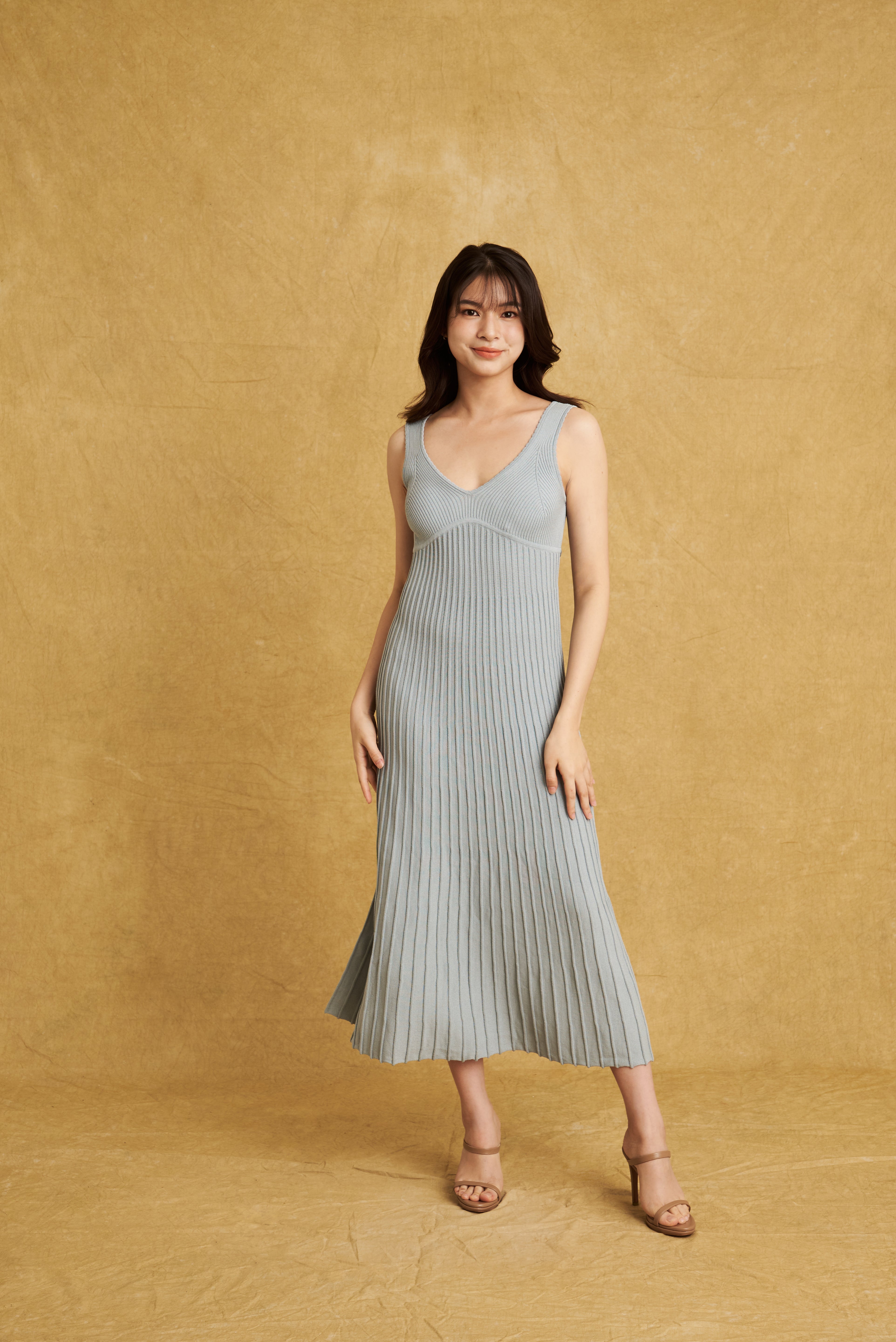 Helena Dress Misty Blue | V-Neck Bustier Pleated Knit Maxi A-Line Dress hello ronron Helena Dress Misty Blue | V-Neck Bustier Pleated Knit Maxi A-Line Dress hello ronron