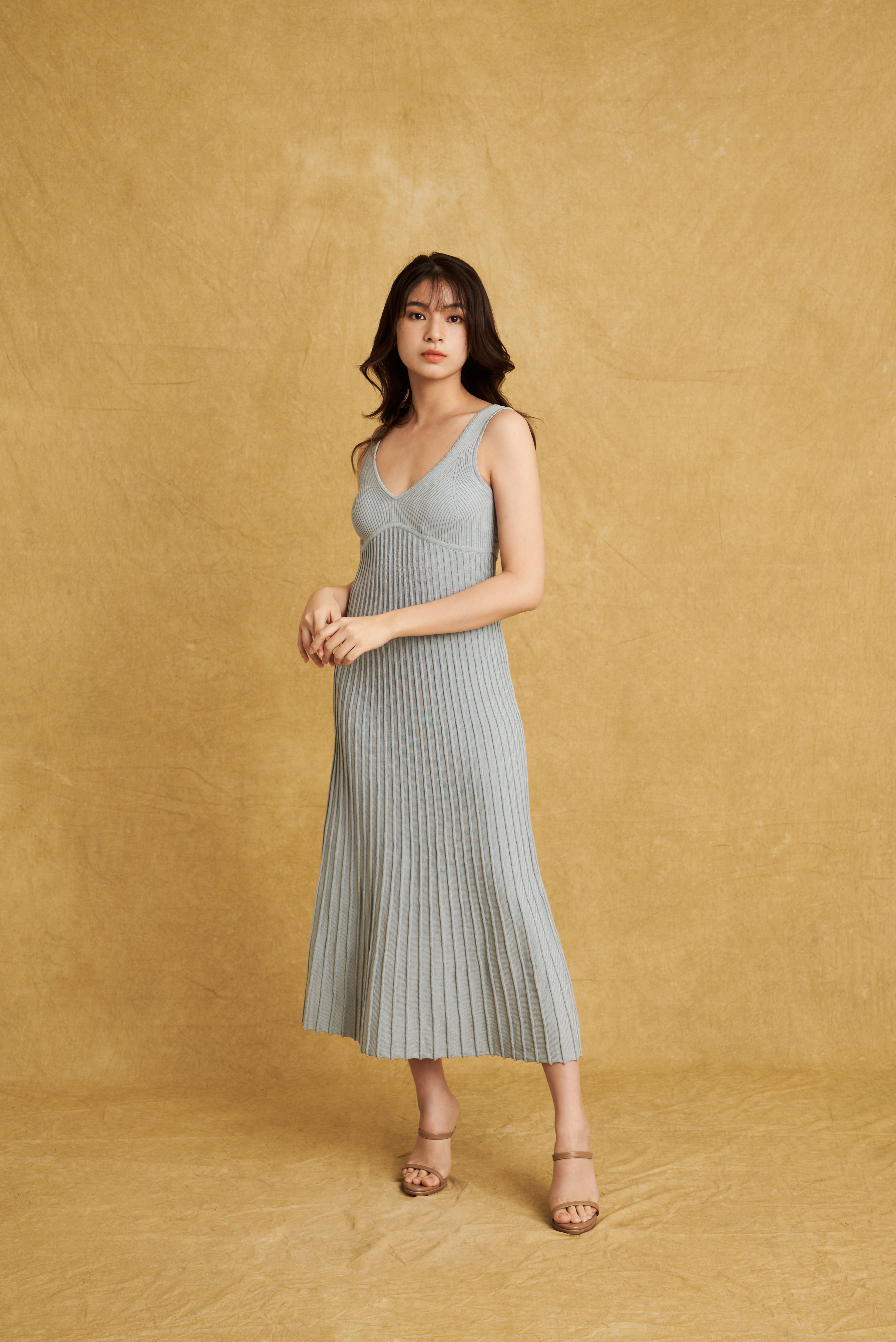 Helena Dress Misty Blue | V-Neck Bustier Pleated Knit Maxi A-Line Dress hello ronron Helena Dress Misty Blue | V-Neck Bustier Pleated Knit Maxi A-Line Dress hello ronron