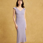 hello ronron | Gabrielle Dress Lilac DR036LILA | V-Neck Bustier Back tie Frill Sleeve Midi Mermaid Pointelle Knit Dress