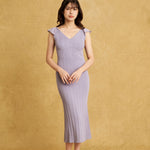 hello ronron | Gabrielle Dress Lilac DR036LILA | V-Neck Bustier Back tie Frill Sleeve Midi Mermaid Pointelle Knit Dress