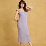 hello ronron | Gabrielle Dress Lilac DR036LILA | V-Neck Bustier Back tie Frill Sleeve Midi Mermaid Pointelle Knit Dress