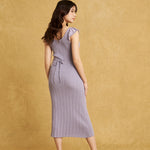 hello ronron | Gabrielle Dress Lilac DR036LILA | V-Neck Bustier Back tie Frill Sleeve Midi Mermaid Pointelle Knit Dress