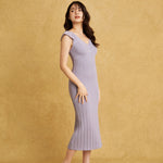 hello ronron | Gabrielle Dress Lilac DR036LILA | V-Neck Bustier Back tie Frill Sleeve Midi Mermaid Pointelle Knit Dress