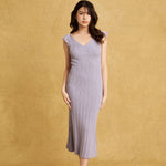 hello ronron | Gabrielle Dress Lilac DR036LILA | V-Neck Bustier Back tie Frill Sleeve Midi Mermaid Pointelle Knit Dress