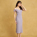 hello ronron | Gabrielle Dress Lilac DR036LILA | V-Neck Bustier Back tie Frill Sleeve Midi Mermaid Pointelle Knit Dress