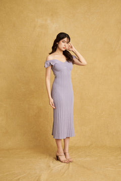hello ronron | Gabrielle Dress Lilac DR036LILA | V-Neck Bustier Back tie Frill Sleeve Midi Mermaid Pointelle Knit Dress